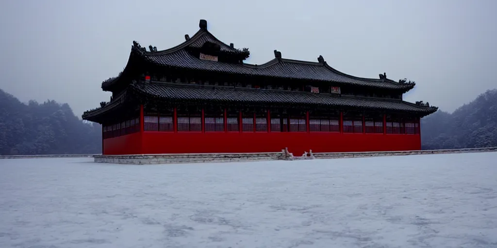 Image similar to ancient chinese palace on ice lake, cyberpunk