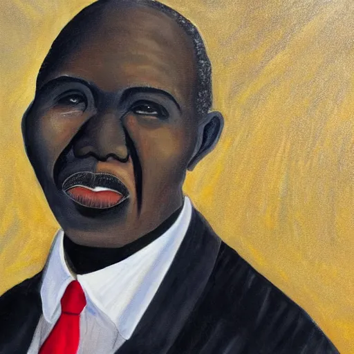 Image similar to a painting of a loving, caring fatherly wide forehead, aquiline nose, round face, XXL , generous, ever-present, humble, wise elder from Kenya in a silver suit and red tie by Kara Walker . Fatherly/daddy, focused, loving, leader, relaxed. Gold background, heavenly lights, details, smooth, sharp focus, illustration, realistic, cinematic, artstation, award winning, rgb , unreal engine, octane render, cinematic light, macro, depth of field, blur, light and clouds, highly detailed epic cinematic concept art CG render made in Maya, Blender and Photoshop, octane render, excellent composition, dynamic dramatic cinematic lighting, aesthetic, very inspirational, arthouse.