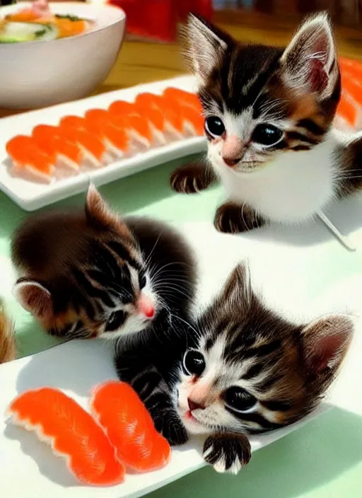 Image similar to clear photorealistic picture of adorable kittens made out of sushi