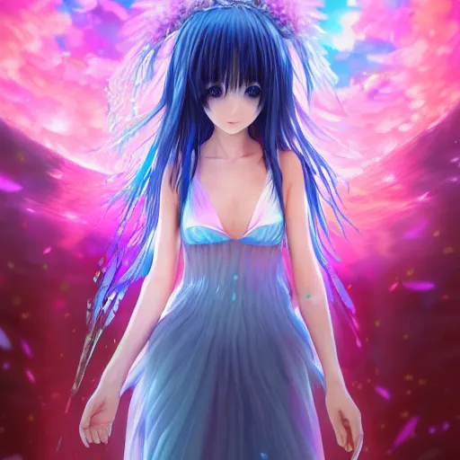 Image similar to advanced digital art, a very cute anime girl wearing a dress made of water standing in a crystal lake turning into mist , full body, very long black hair, azure blue watery eyes, full round face, cinematic lighting, MCU, mid-shot, highly detailed, trending on artstation, Unreal Engine 4k, Stanley Artgerm Lau, WLOP, Rossdraws, James Jean, Andrei Riabovitchev, Marc Simonetti, and Sakimichan