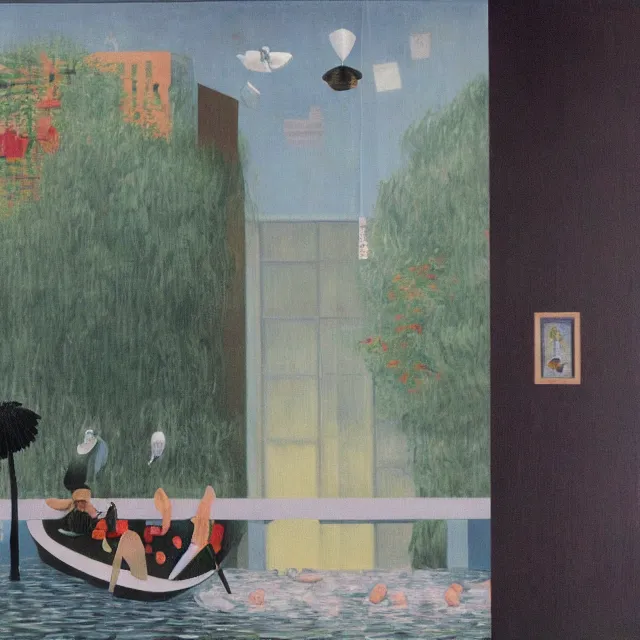 Image similar to painting of flood waters inside an apartment, tall female emo art student, a river flooding through a wall, tangelos, zen, pigs, ikebana, water, river, rapids, waterfall, black swans, canoe, pomegranate, berries dripping, acrylic on canvas, surrealist, by magritte and monet