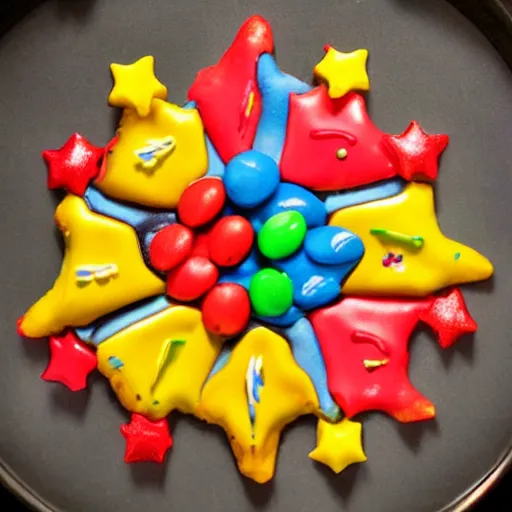 Image similar to close view of a 5 pointed star shaped m & m cookie, warm dim light