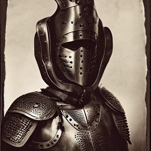 Prompt: head and shoulders portrait of a female knight, quechua, cuirass, lorica segmentata, raven, tonalist, symbolist, baroque, ambrotype, indigo and red iron oxide, dust, hard lighting, high contrast, smiling
