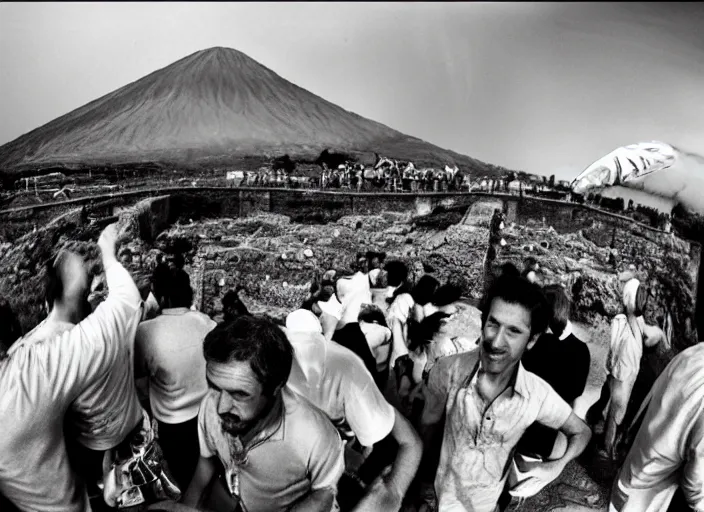 Prompt: old photo of average greeks drink wine and have fun against the backdrop of mount vesuvius starting to erupt by sebastian salgado, fisheye 4, 5 mm, diffused backlight