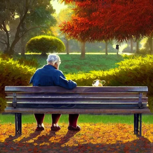 Image similar to 1940s old man sitting on a bench in a city park, colorful autumn, highly detailed, digital painting, artstation, concept art, sharp focus, illustration, art by artgerm and greg rutkowski and alphonse mucha