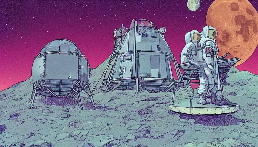 Image similar to travel to the moon in the style of Moebius