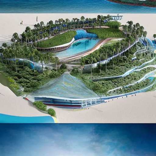 Image similar to architectural renderings, a seaside visitor center consisting of three mushroom - shaped buildings on the blue sea with tall coconut trees ， detailed