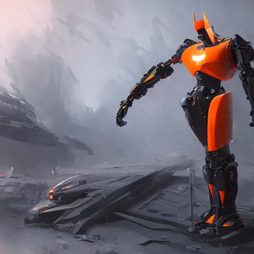 Image similar to concept render of an orange robot batman by cedric peyravernay and leon tukker