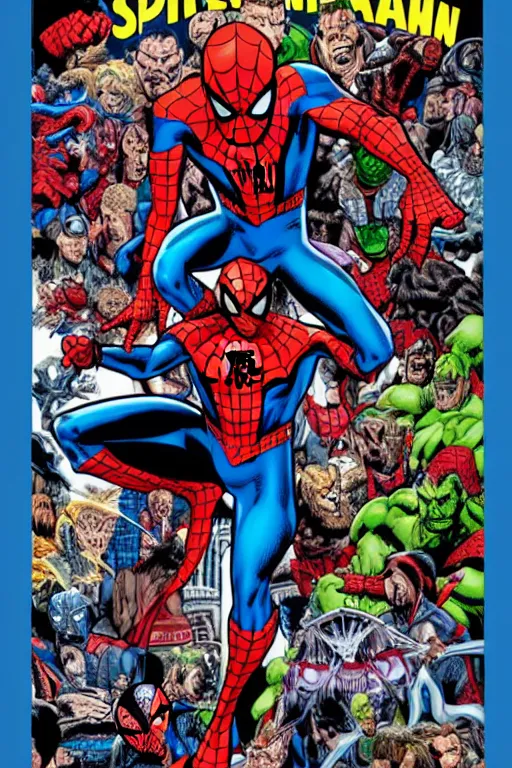 Prompt: a poster of Spider-man standing in front of his villains, by Mark bagley