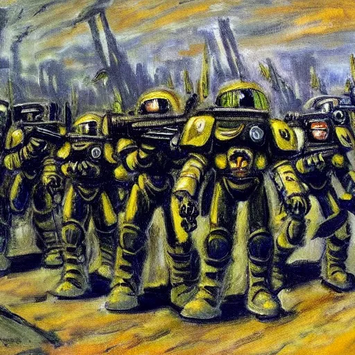 Image similar to a painting of a warhammer 4 0 k space marine squadron, by monet, munch,