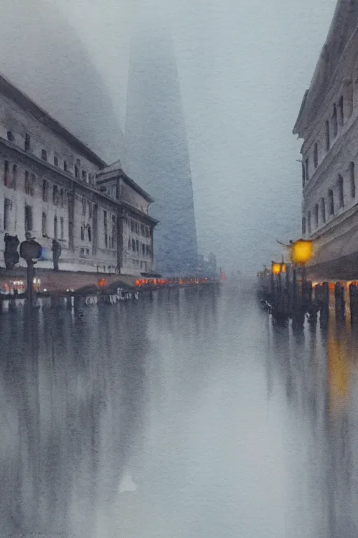 Image similar to A poetic watercolor of an empty Shanghai Bund, rainy street, cloudy overcast sky, poignant, high contrast of light and dark, smooth, by Joseph Zbikowicz, 8k