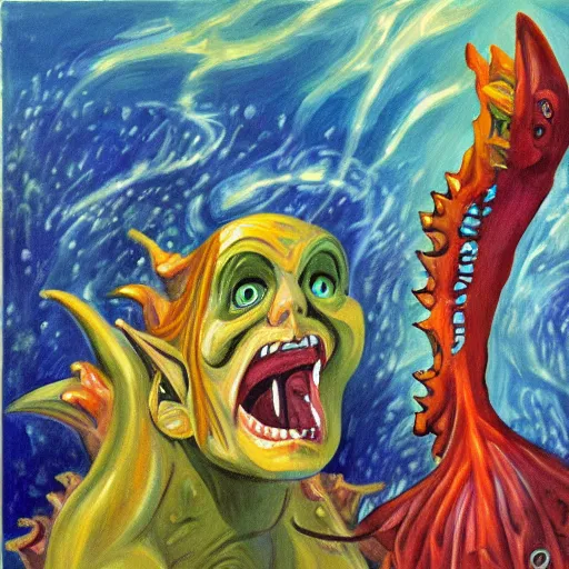 Image similar to painting of an underwater goblin with huge teeth chasing a mermaid in the style of expressionism