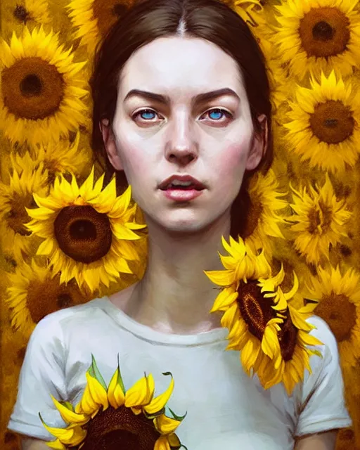 Prompt: cottagecore hyper - realistic portrait of a woman, sunflowers, by atey ghailan, by greg rutkowski, by greg tocchini, by james gilleard, by joe fenton, by kaethe butcher, dynamic lighting, gradient light yellow, brown, blonde cream and white color scheme, grunge aesthetic