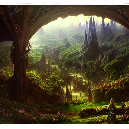 Image similar to a beautiful and highly detailed matte painting of the lost elven land of avalon, celtic, psychedelic, epic scale, insanely complex, hyperdetailed, sharp focus, hyperrealism, artstation, cgsociety, 8 k, bright colors, by caspar friedrich, albert bierstadt, james gurney, brian froud,