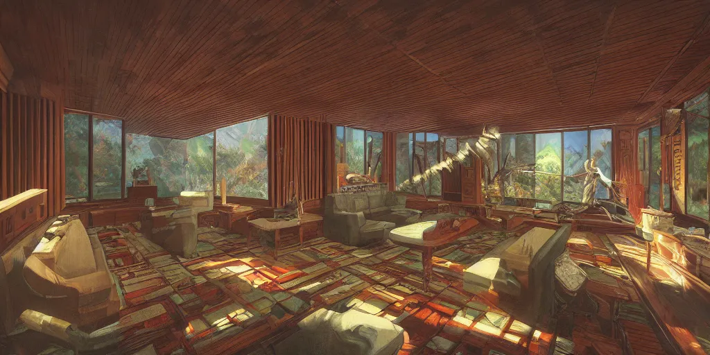 Image similar to main protagonist inside living room of insanely wealth man's frank lloyd wright style mansion in maine being hunted by shadows, game concept art, steven king, 1980s, retro, highly detailed, artstation, wide angle lens