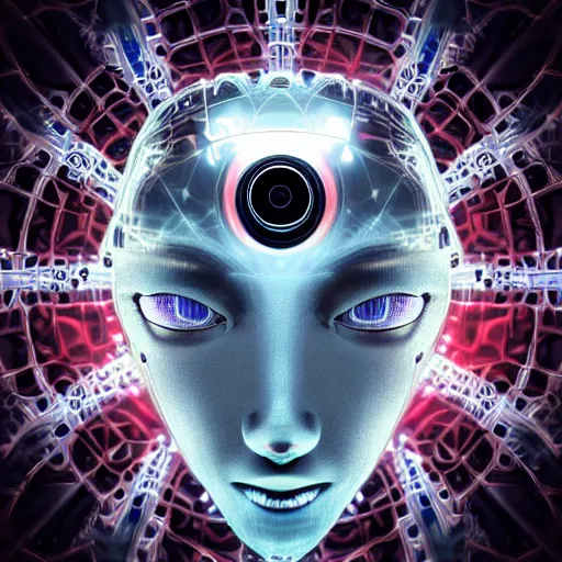 Image similar to an insanely detailed cibernetic artwork of a futuristic artificial intelligence superstar, centered image, perfectly symmetrical alien face, with frames made of detailed fractals, octsne render, 4k, insanely detailed, detailed grid as background, cgi