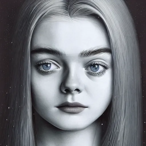 Prompt: professional painting of Elle Fanning in the style of Rob Gonsalves, head and shoulders portrait, symmetrical facial features, smooth, sharp focus, illustration, intricate, stormy weather, extremely detailed masterpiece,