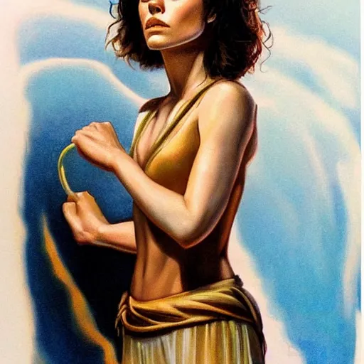 Image similar to daisy ridley, very reflective, boris vallejo style