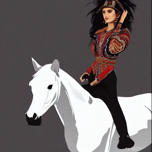 Prompt: full body shot of a beautiful young kurdish woman with beautiful black hair riding a beautiful white horse in the kurdish mountains art by martin ansin, highly detailed, 8 k, high resolution, award winning art, incredibly intricate, beautiful and symmetrical face