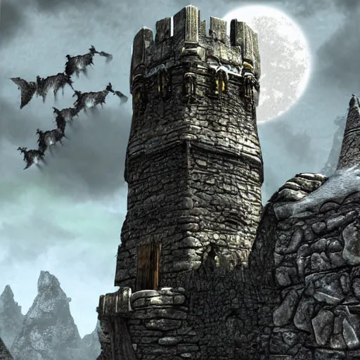 Image similar to Elder Scrolls Skyrim castle tower that is shaped like a fox head, digital art