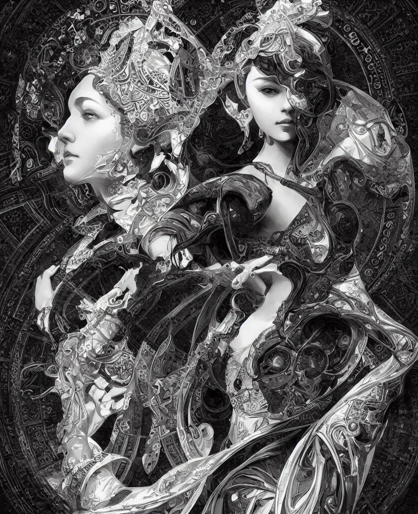 Image similar to black and white photography of geometrical alchemical glyphs, deep focus, intricate, elegant, highly detailed, artstation, concept art, matte, sharp focus, 4 k, depth of field, art by artgerm and greg rutkowski and alphonse mucha