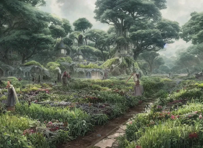 Image similar to Lush vegetable farms outside a beautiful elven city made of white marble, anime, lush trees, a fantasy digital painting by Greg Rutkowski and James Gurney, trending on Artstation, highly detailed