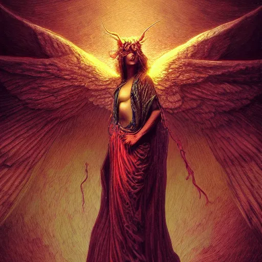 Image similar to photorealistic demon angel in the style of michael whelan and gustave dore. hyperdetailed photorealism, 1 0 8 megapixels, amazing depth, glowing rich colors, powerful imagery, psychedelic overtones, 3 d finalrender, 3 d shading, cinematic lighting, artstation concept art