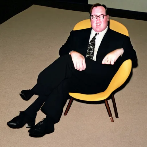 Prompt: 2 0 0 3 john lasseter wearing a black suit and necktie and black shoes sitting in a chair with his legs resting on top of a footstool.