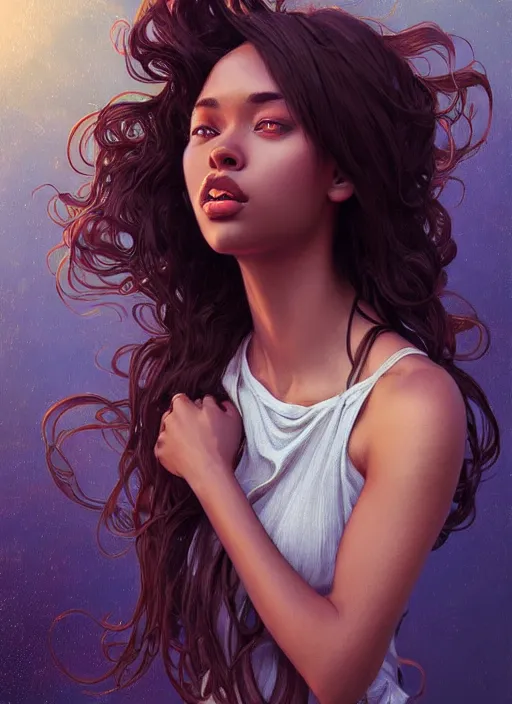 Image similar to handsome young black women with shoulder length brown hair, half body shot, path traced, highly detailed, high quality, digital painting, alena aenami, lilia alvarado, shinji aramaki, karol bak, alphonse mucha, tom bagshaw