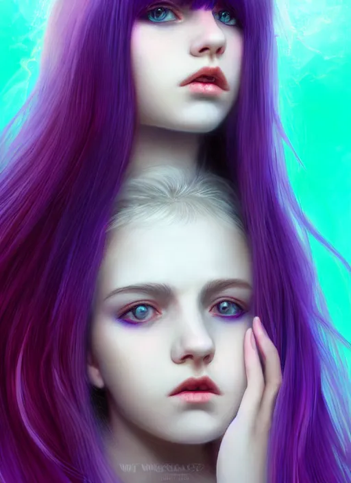 Image similar to hair whitebangs hair, black hair, whitebangs, portrait of teenage girl with white bangs, red irises, purple clothes, white bangs, bangs are different color from hair, intricate, elegant, glowing lights, highly detailed, digital painting, artstation, concept art, smooth, sharp focus, illustration, art by wlop, mars ravelo and greg rutkowski