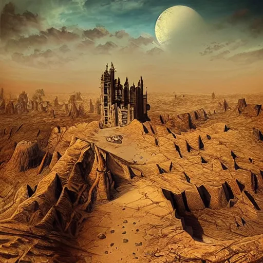 Image similar to “tower in desert, epic fantasy, highly detailed, panoramic, atmospheric, intricate, highly defined”