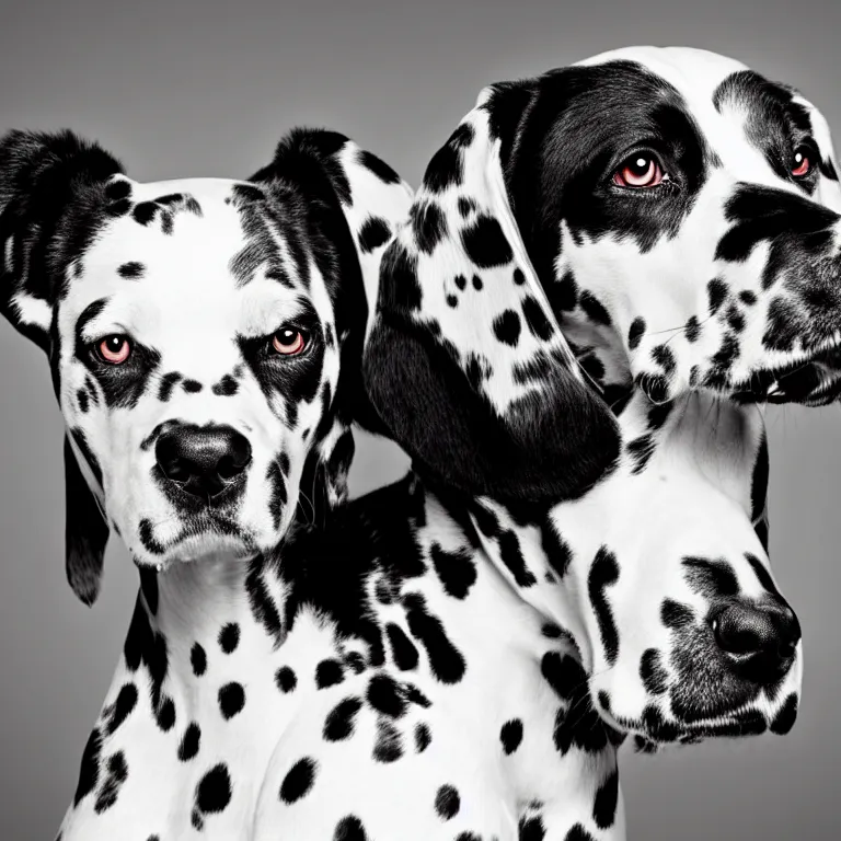 Image similar to vogue photoshoot octane render of dalmatian dog with white background, focus bright, very short depth of field, bokeh