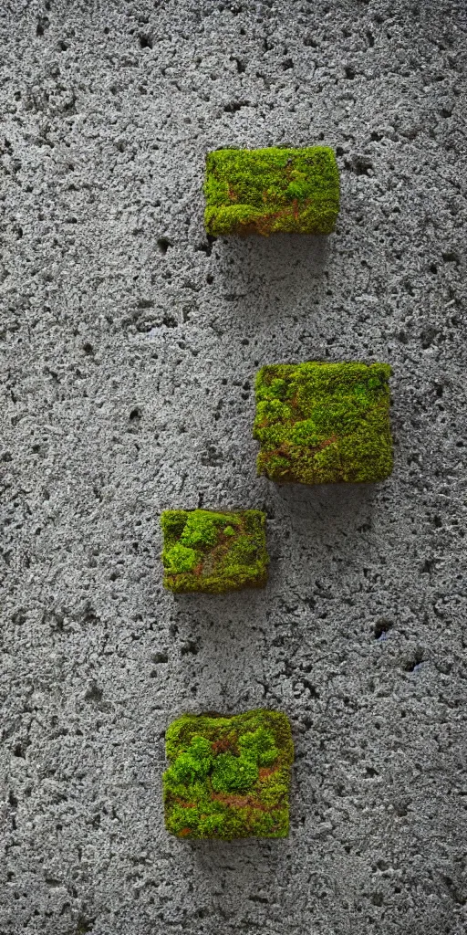 Prompt: a cast block of concrete. The block is centered in the frame and on a white background. The block is highly eroded. Moss is growing in the eroded crevices.