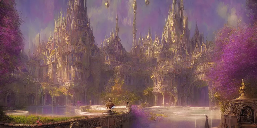 Prompt: fantasy royal palace near the lake, lilac bashes, Art Nouveau architecture, art by Finnian MacManus , Marc Simonetti, Thomas Scholes, Peter Mohrbacher, volumetric lighting style, highly detailed, intricate, artstation, digital paining, matte painting, 8K