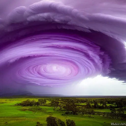 Image similar to amazing photo of a purple clouds in the shape of a tornado by marc adamus, beautiful dramatic lighting