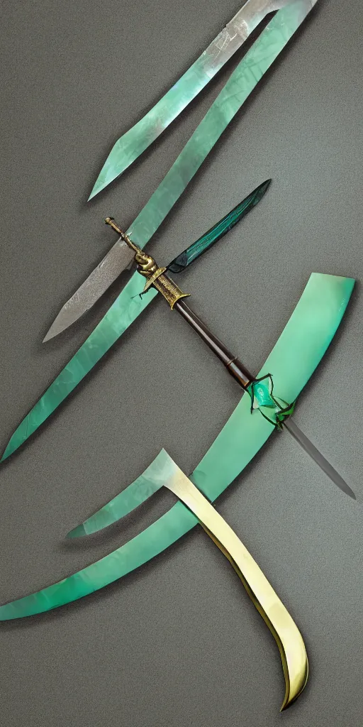 Image similar to photograph of a wide green and teal crystal double - edged sword blade attached to a big gold sword hilt