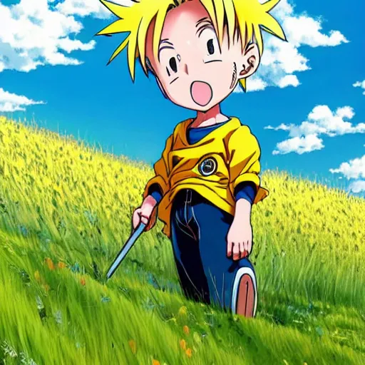 Prompt: “Anime key visual of a young innocent boy with yellow hair and lightning powers in a meadow, detail, 8k, anime, detailed eyes, official media, big eyes, short body, Illustrated by Akira Toriyama, Illustrated by Kohei Horikoshi, official media”