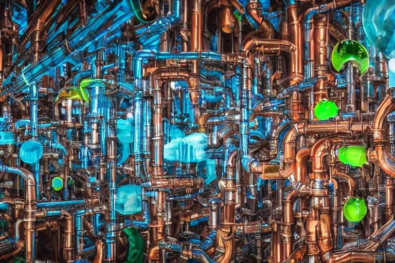 Prompt: over populated sci-fi steampunk city, translucent pipes showing colorful liquid inside, machines, industrial, high definition photograph, documentary still, 55mm,