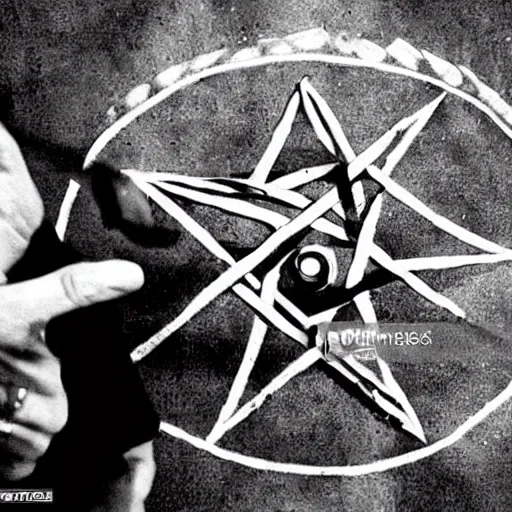 Image similar to a nu-metal musician using a pentagram to conjure a demon. Horror film production photo from the 2000’s.