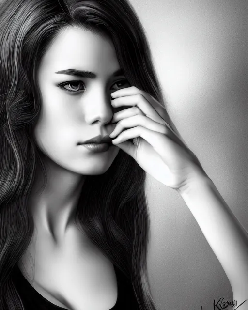 Image similar to full body portrait of a beautiful young woman in black and white, photorealistic, hair down to waist, sharp focus, in the style of Kevin Kostic, Stephen Lau and artgerm, hyper sharp focus, 8k highly detailed