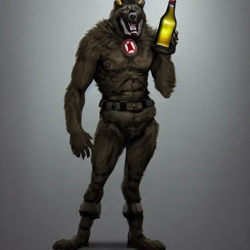 Image similar to a humanoid german shepherd beast - man in military style, holding a bottle of beer, artstation, concept art, smooth, sharp foccus ilustration, artstation