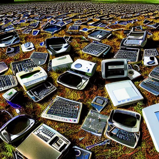 Image similar to bliss windows xp screensaver with many broken dilapidated old computers graveyard, wide angle lens