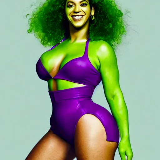 Image similar to Singer Beyoncé as the She-Hulk with green skin and dark green hair, wearing a white leotard with two purple vertical stripes, green skinned, wearing purple and white fingerless gloves, wearing purple and white sneakers, mini skirt, smiling, detailed legs, hyperreal, surreal, bokeh, tilt shift photography, green arms, green legs, green face,