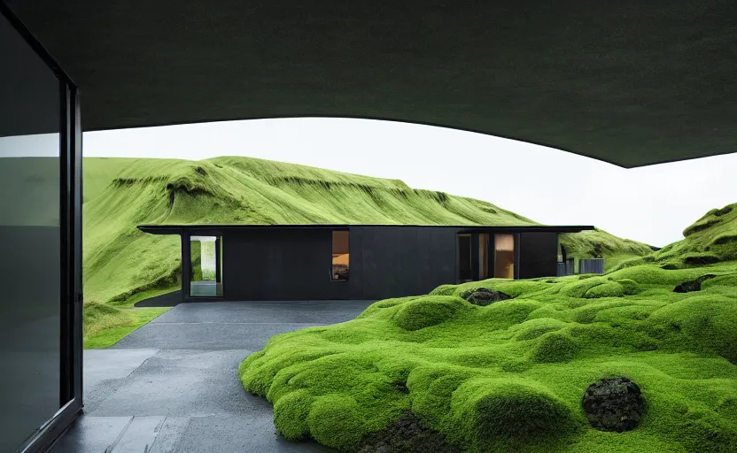 Image similar to An Exterior wide angle shot painting of a modern architecture house in the middle of a green icelandic valley with black sand rocks and green moss, Greg Rutkowski and Craig Mullins, Cinematic and atmospheric lighting