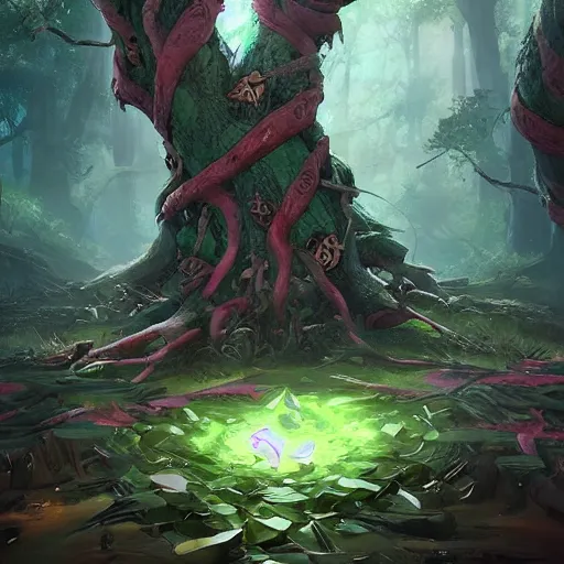 Image similar to arcane style forest tree root trap, root trap, tree roots attack bright art masterpiece artstation. 8k, sharp high quality artwork in style of Jose Daniel Cabrera Pena and Greg Rutkowski, concept art by Tooth Wu, blizzard warcraft artwork, hearthstone card game artwork, leaves trap, trap made of leaves