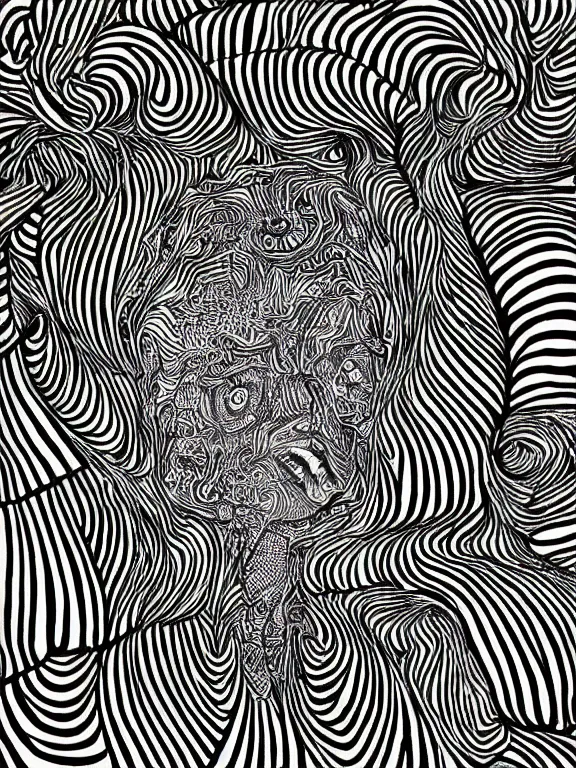 Prompt: black and white psychedelic art in the style of alex gray