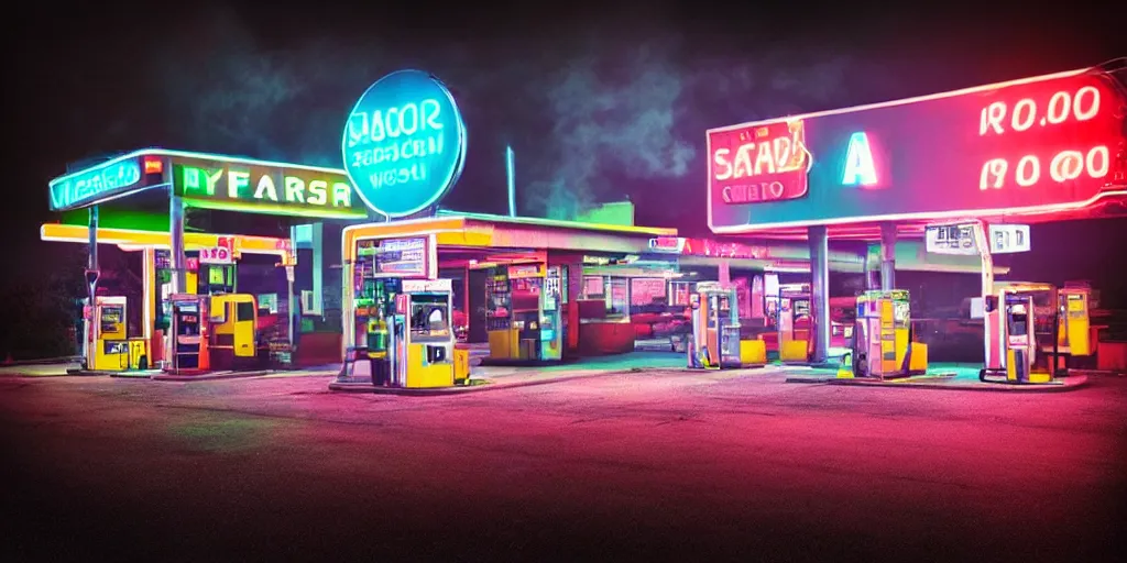 Image similar to “hyper realistic gas station, neon, fog, atmospheric lighting, neon glow, full of colour, photorealistic, award winning photography”