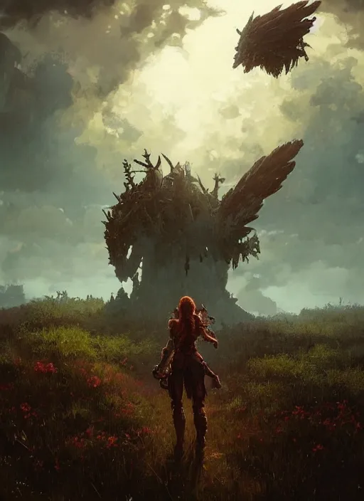 Image similar to !dream Environmental Art, Horizon Zero Dawn, archer, atmospheric environment, Character Design, demonic presence, Holy Heavenly Host Divine Angelic Army. Beeple, grimshaw, thomas cole, ismail inceoglu, winslow homer, greg rutkowski, gerald brom, marc simonetti, simon stalenhag, anton fadeev, donglu yu