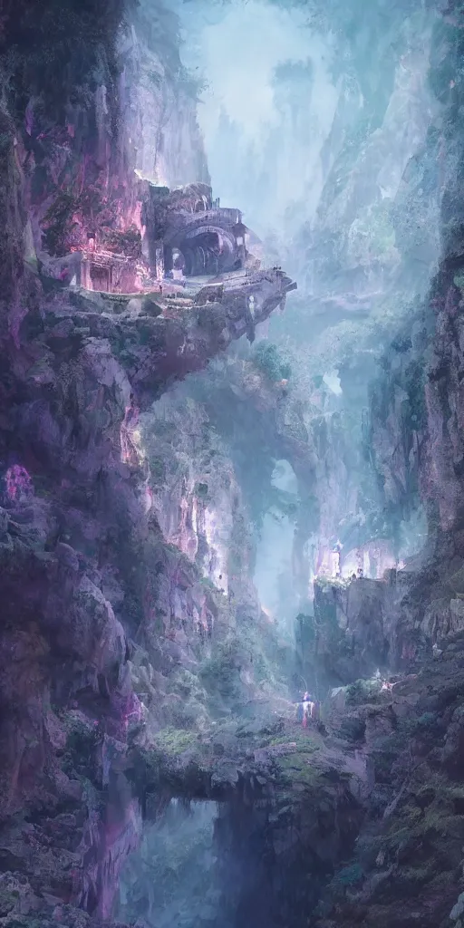 Image similar to Gorge in the mountain, white stone temple ruins, night dramatic lighting, blue and purple tones, wide camera angle, matte painting, trending on ArtStation, concept art, delightful surroundings, high detail