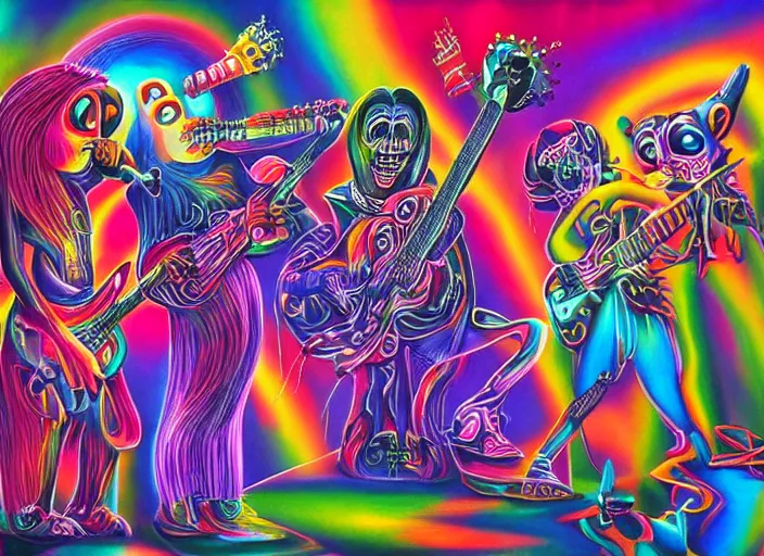 Image similar to a metal band holds a concert in the shadow dimension, an ultrafine detailed painting by lisa frank, trending on deviantart, pop surrealism, whimsical, lowbrow, colorful